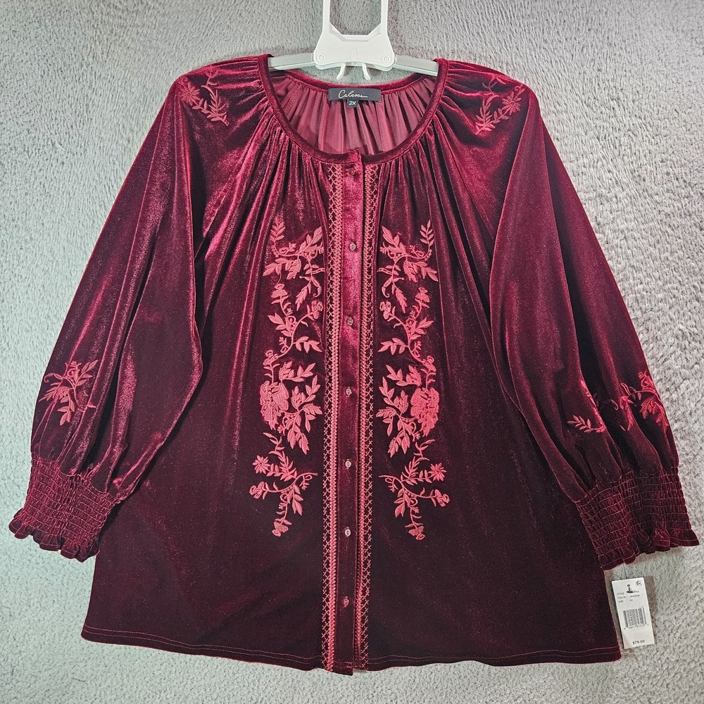 $79 NEW Calessa Embroidered Velvet Shirt Top Women 2X Stretch Dark Red NWT